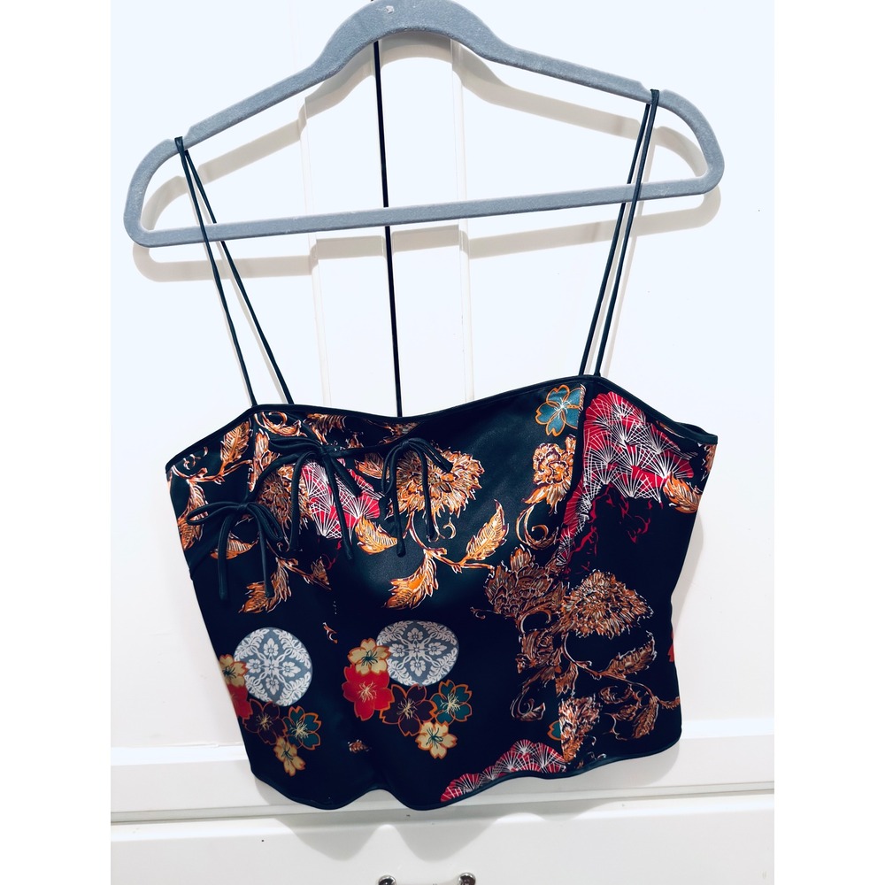 JS Collections‎ Silk Corset Cami Top Size 12 Black Floral Lace Up Bustier